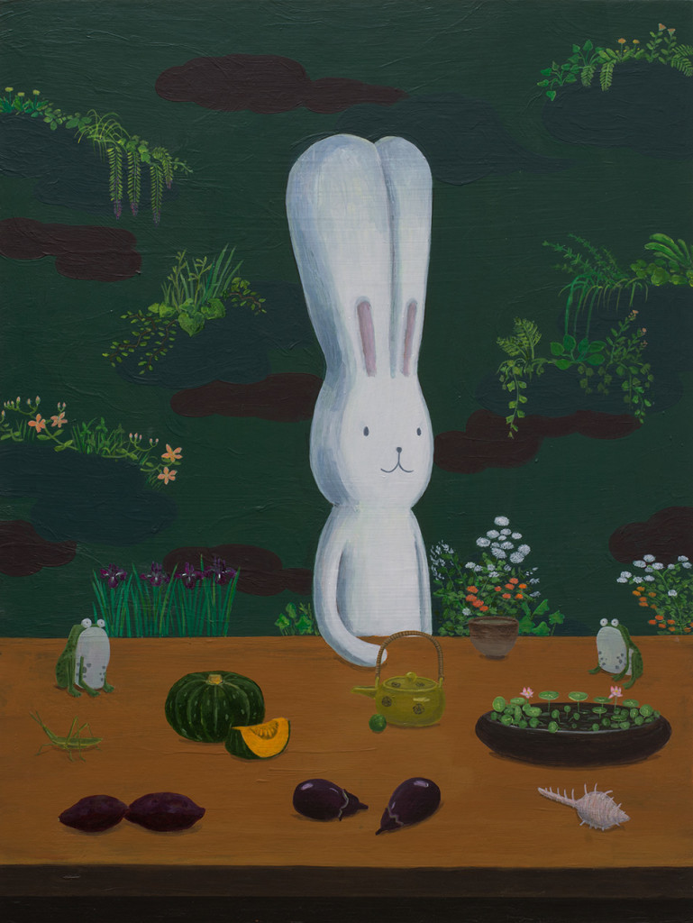 2.1-Atsushi-Kaga_2-frogs,-2-aubergines,-2-sweet-potatoes_2019_Acrylic-on-board_61-x-46-cm_Copyright-the-artist-and-mother's-tankstation-limited