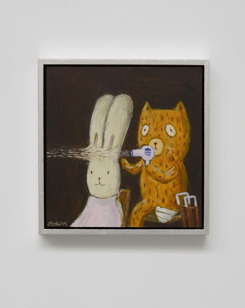 Atsushi Kaga_Kumacchi dries Usacchi's hair with a pink hairdryer_2009_Acrylic on panel_23 x 22 (25 x 24.5 cm framed)_Copyright the artist and mother's tankstation limited