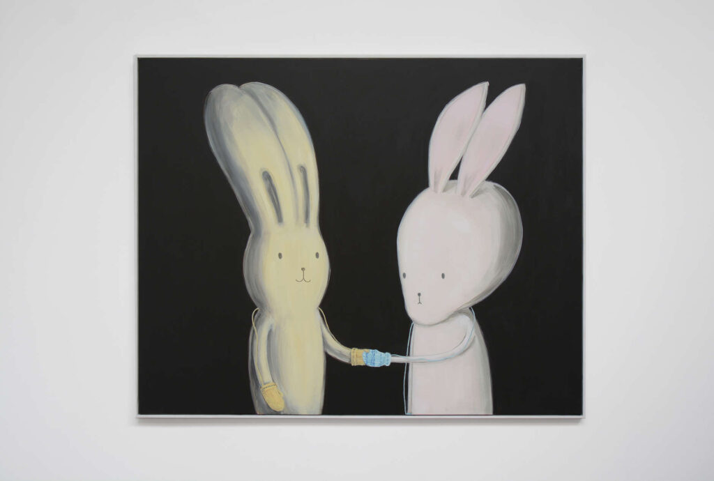 23. Atsushi Kaga_Nice to meet you (Usacchi meets BB [Brainy Bunny] for the first time)_2008_Oil on linen_120 x 150 cm_Copyright the artist and mother's tankstation limited