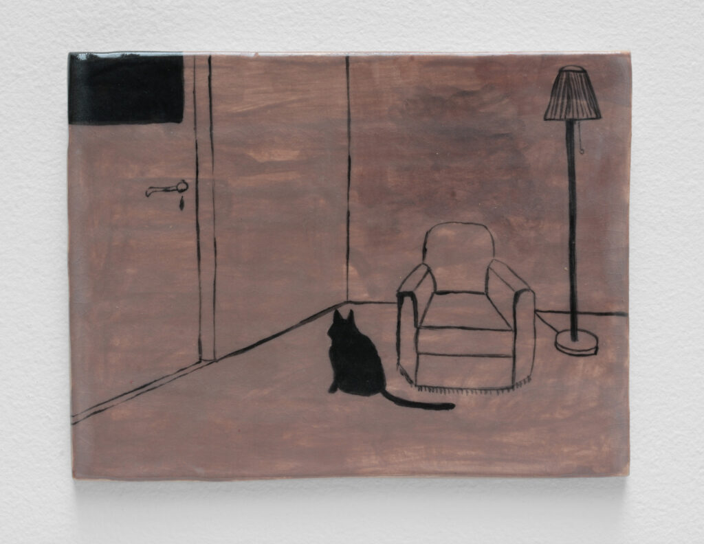 17.11 Noel McKenna_Corner with cat_2017_Hand painted ceramic tile_14.3 x 18.8cm_Copyright the artist and mother's tankstation limited