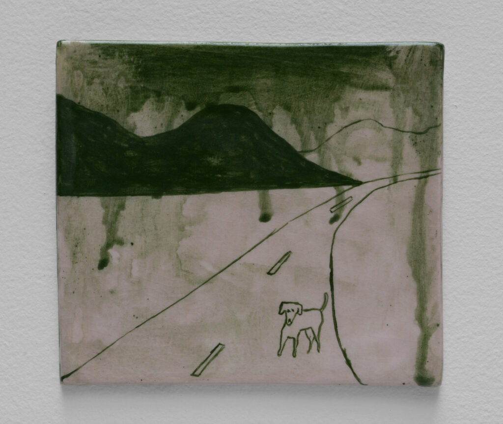 17.2 Noel McKenna_Dog on Road_2018_Hand painted ceramic tile_14 x 15.9 cm _Copyright the artist and mother's tankstation limited